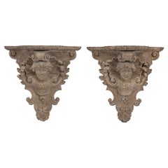 Antique Pair of Italian Early 19th Century Carved and Patinated Venetian Wall Brackets