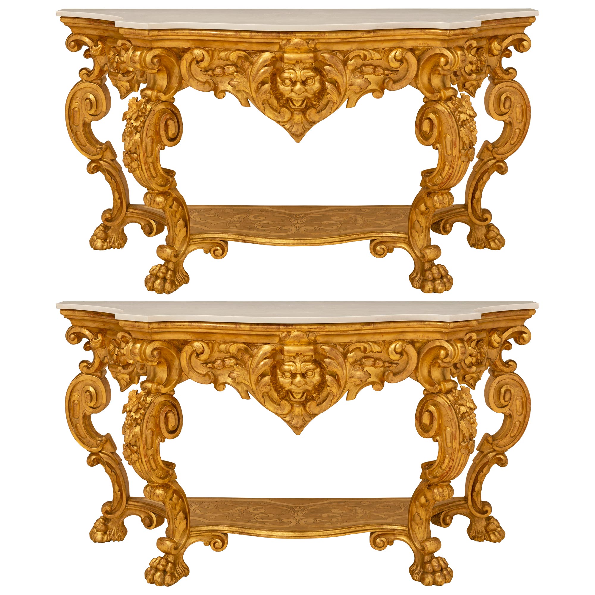 Pair of Italian Early 19th Century Freestanding Lombardi Two-Tier Consoles For Sale