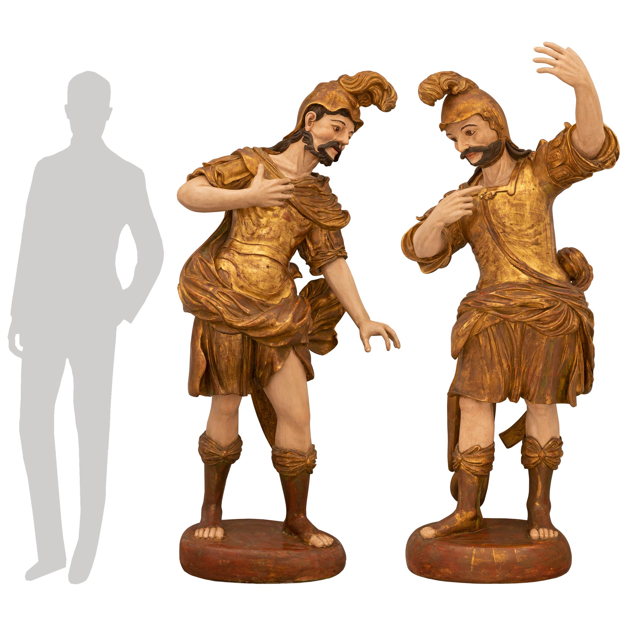 Paire de statues italiennes du début du 19ème siècle sculptées, aux grandes dimensions adaptées pour le théâtre romain