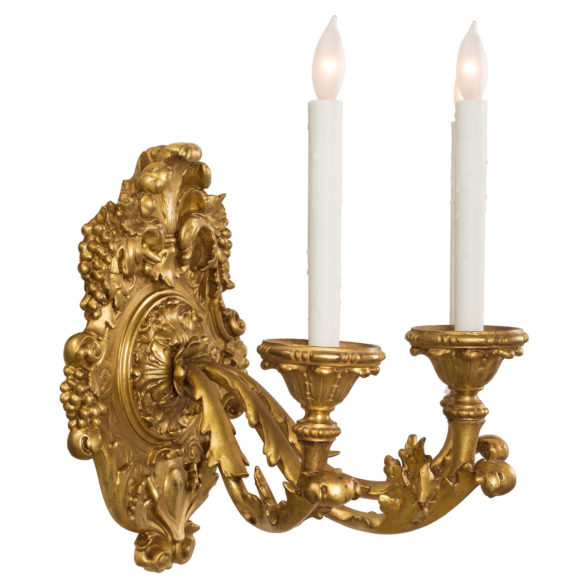 Pair of Italian Early 19th Century Louis XV Style Three-Arm Giltwood Sconces In Good Condition For Sale In West Palm Beach, FL