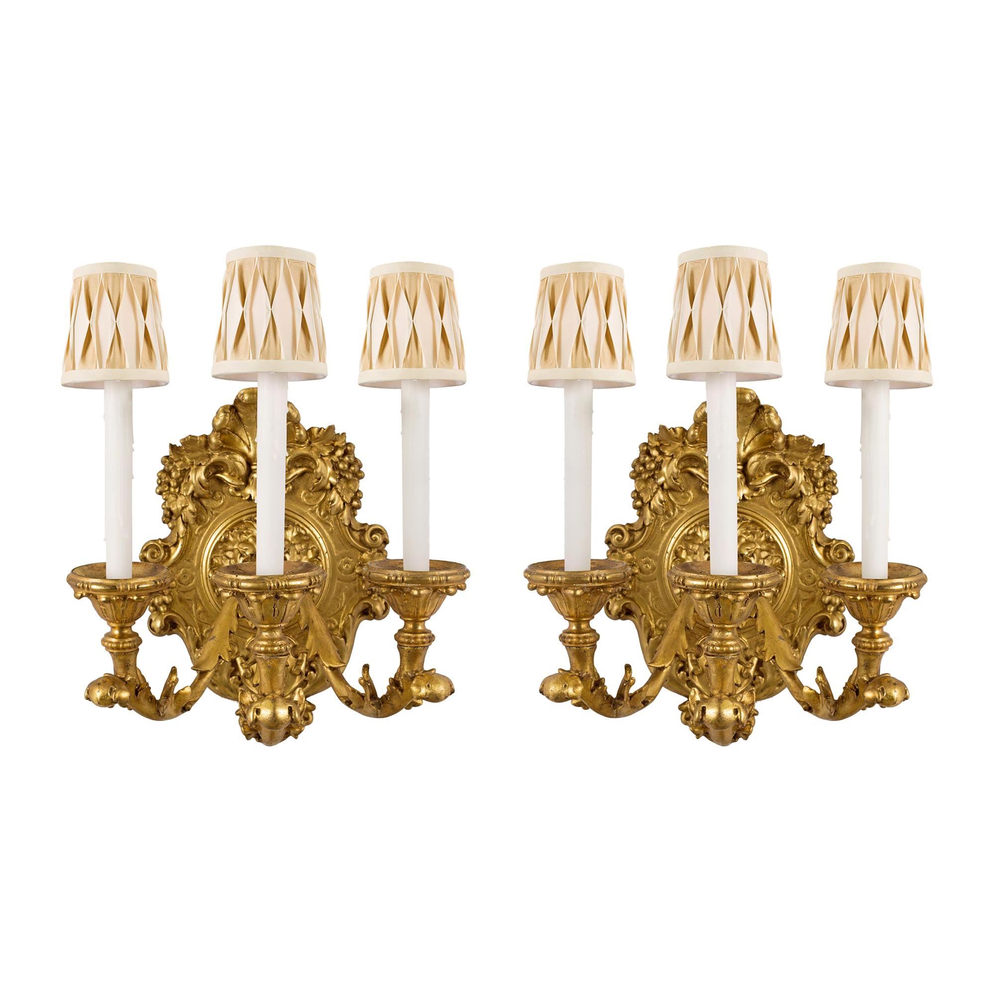 Pair of Italian Early 19th Century Louis XV Style Three-Arm Giltwood Sconces
