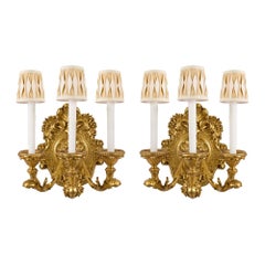 Antique Pair of Italian Early 19th Century Louis XV Style Three-Arm Giltwood Sconces