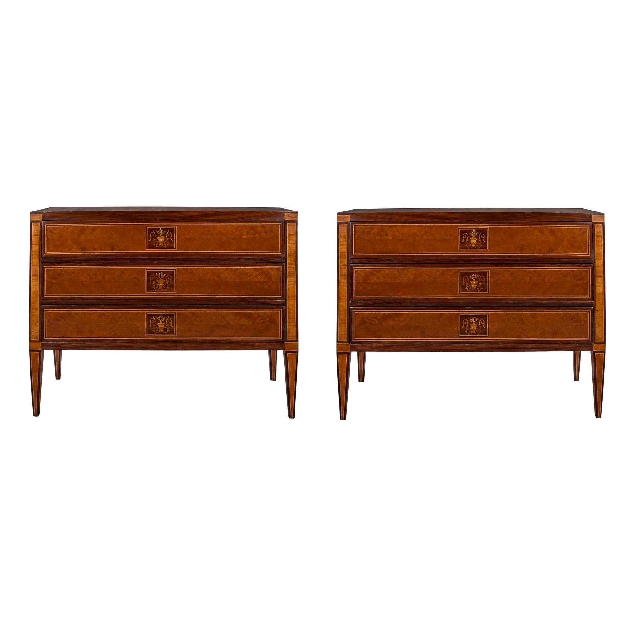 Pair of Italian Early 19th Century Louis XVI Style Mahogany and Walnut Commodes For Sale