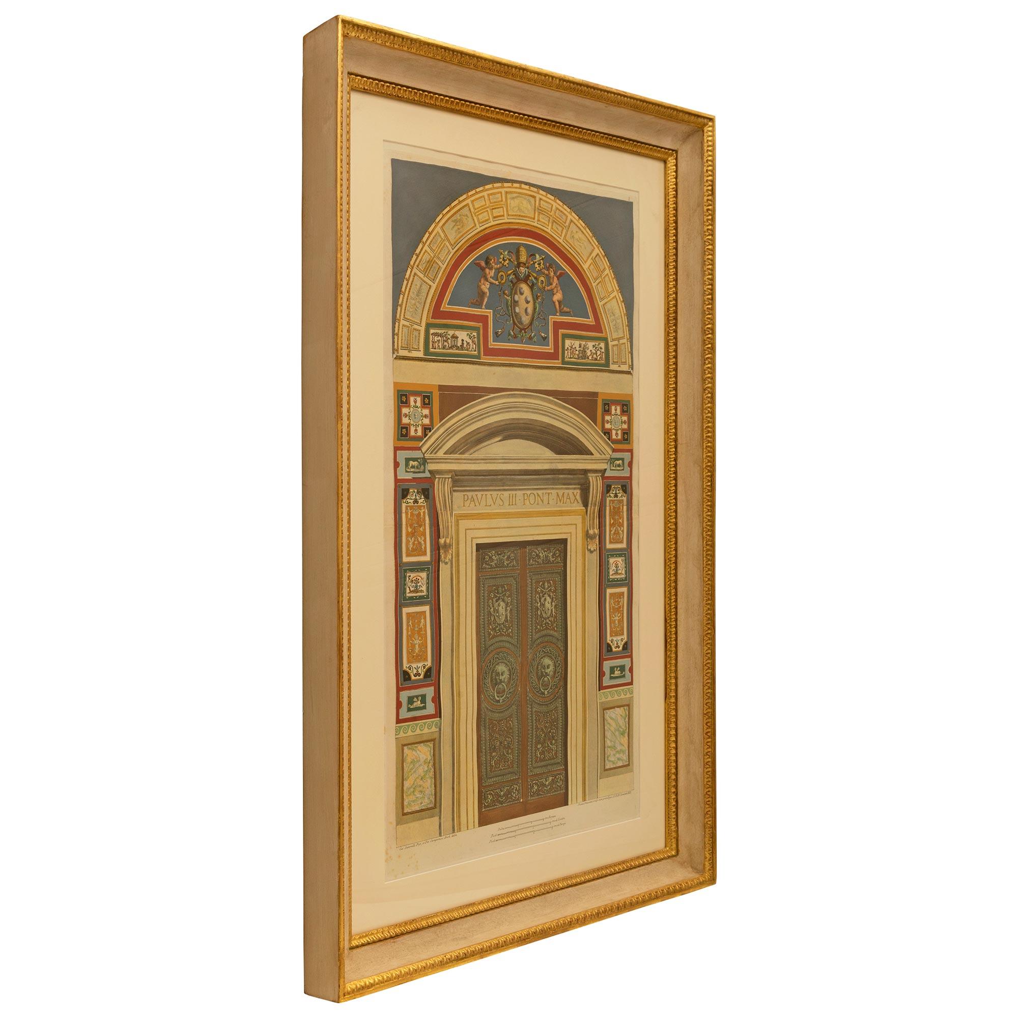 A beautiful and most decorative pair of Italian early 19th century neo-classical st. architectural engravings after Giovanni Ottaviani. Each striking rectangular engraving depicts lovely architectural scenes of impressive doors with handsome lion