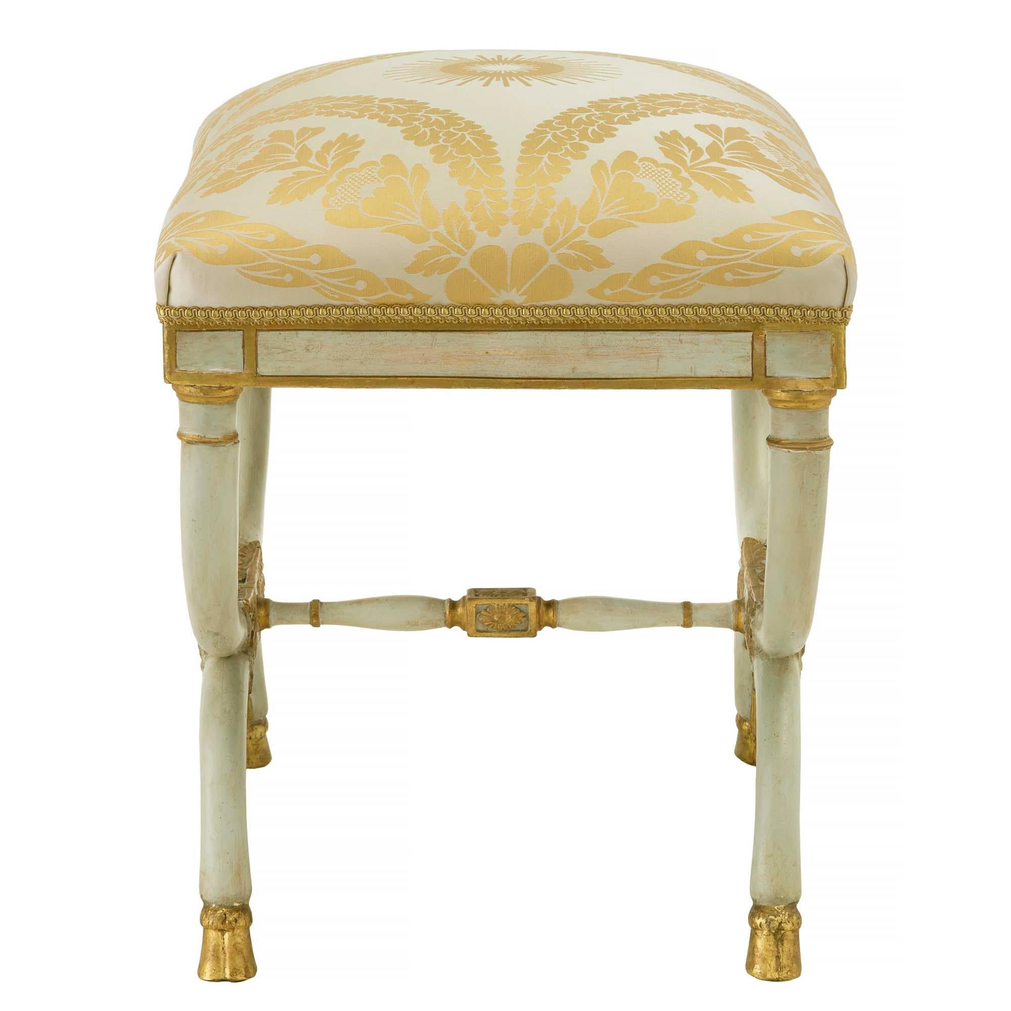 Giltwood Pair of Italian Early 19th Century Neoclassical Style Patinated and Gilt Benches For Sale