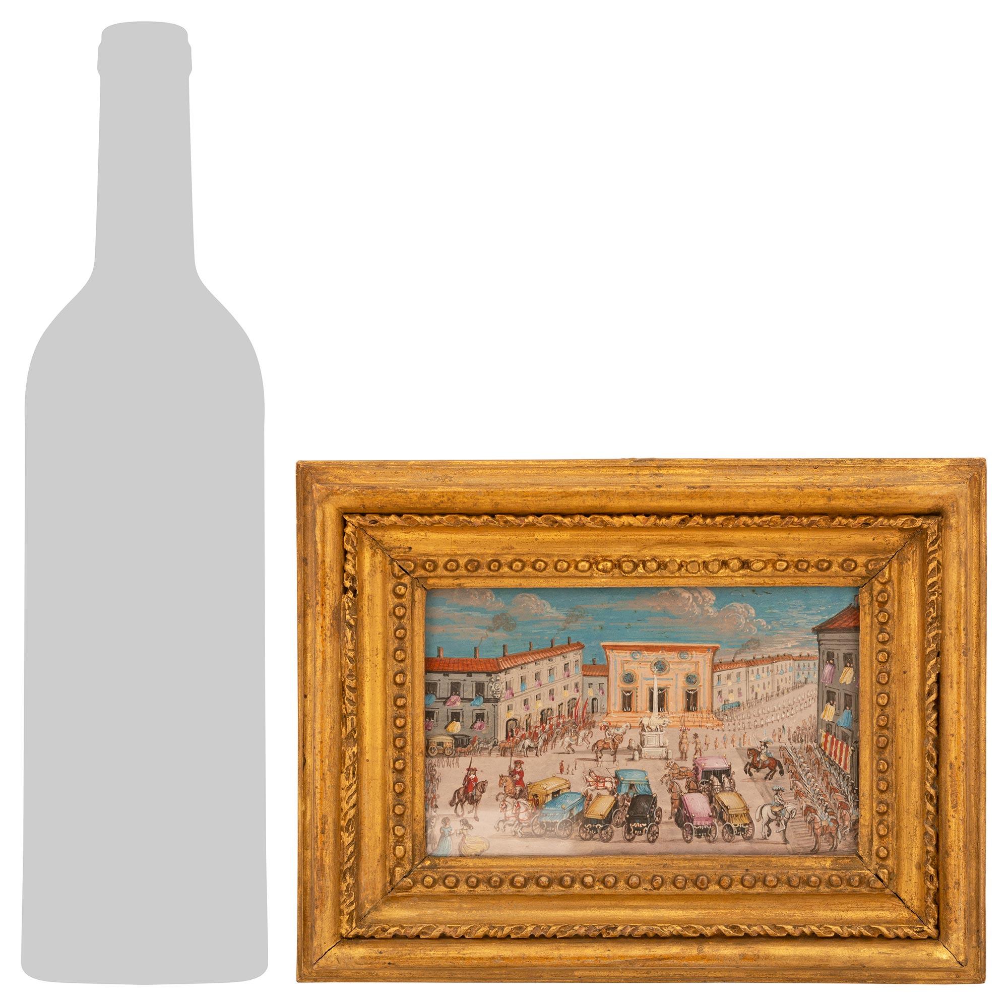 Une charmante paire de peintures italiennes du début du XIXe siècle à l'huile sur toile et au bois doré représentant des sites romains. Les deux tableaux colorés et très détaillés représentent la place de Peters et la place romaine de Santa Maria