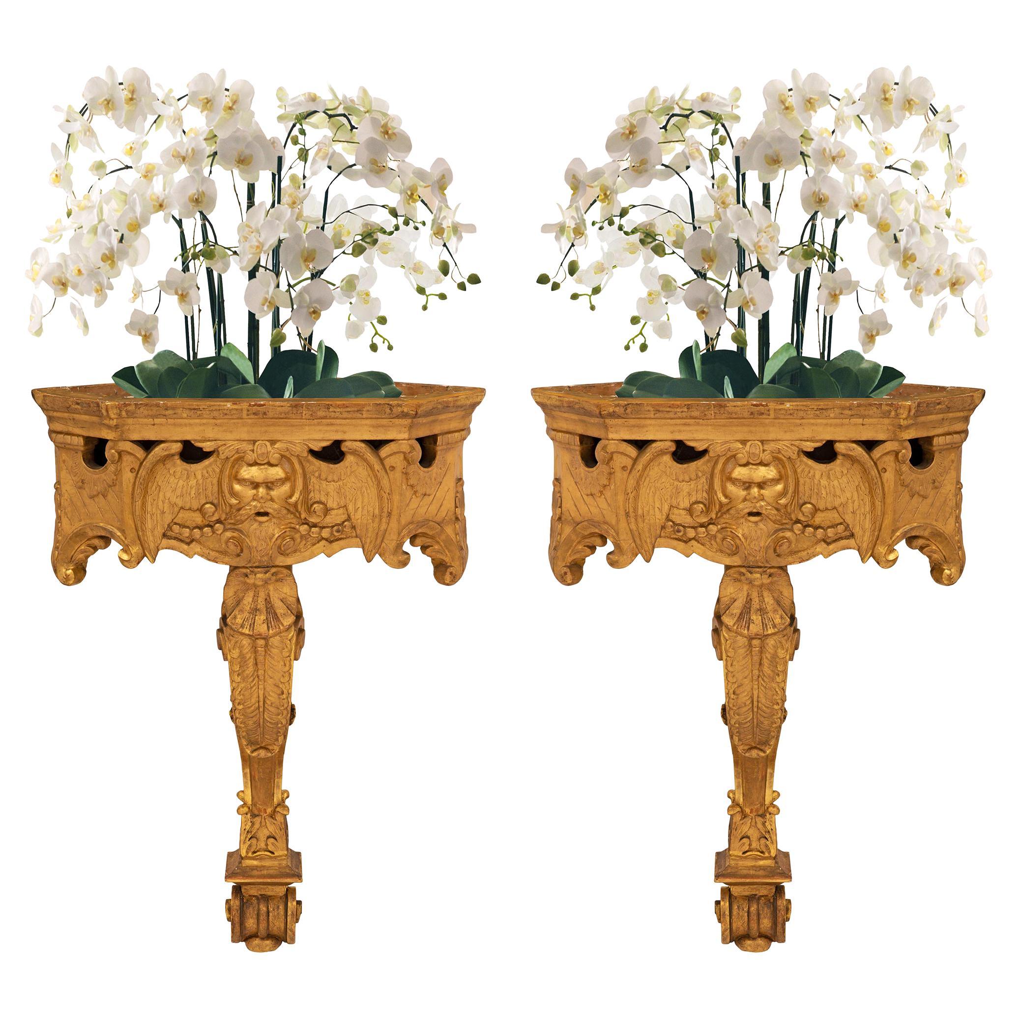 Pair of Italian Early 19th Century Wall Mounted Giltwood Consoles For Sale