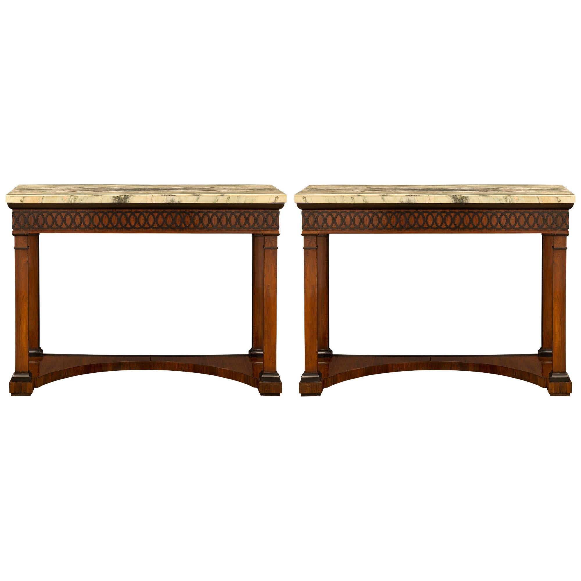 Pair of Italian Early 19th Century Walnut Consoles For Sale