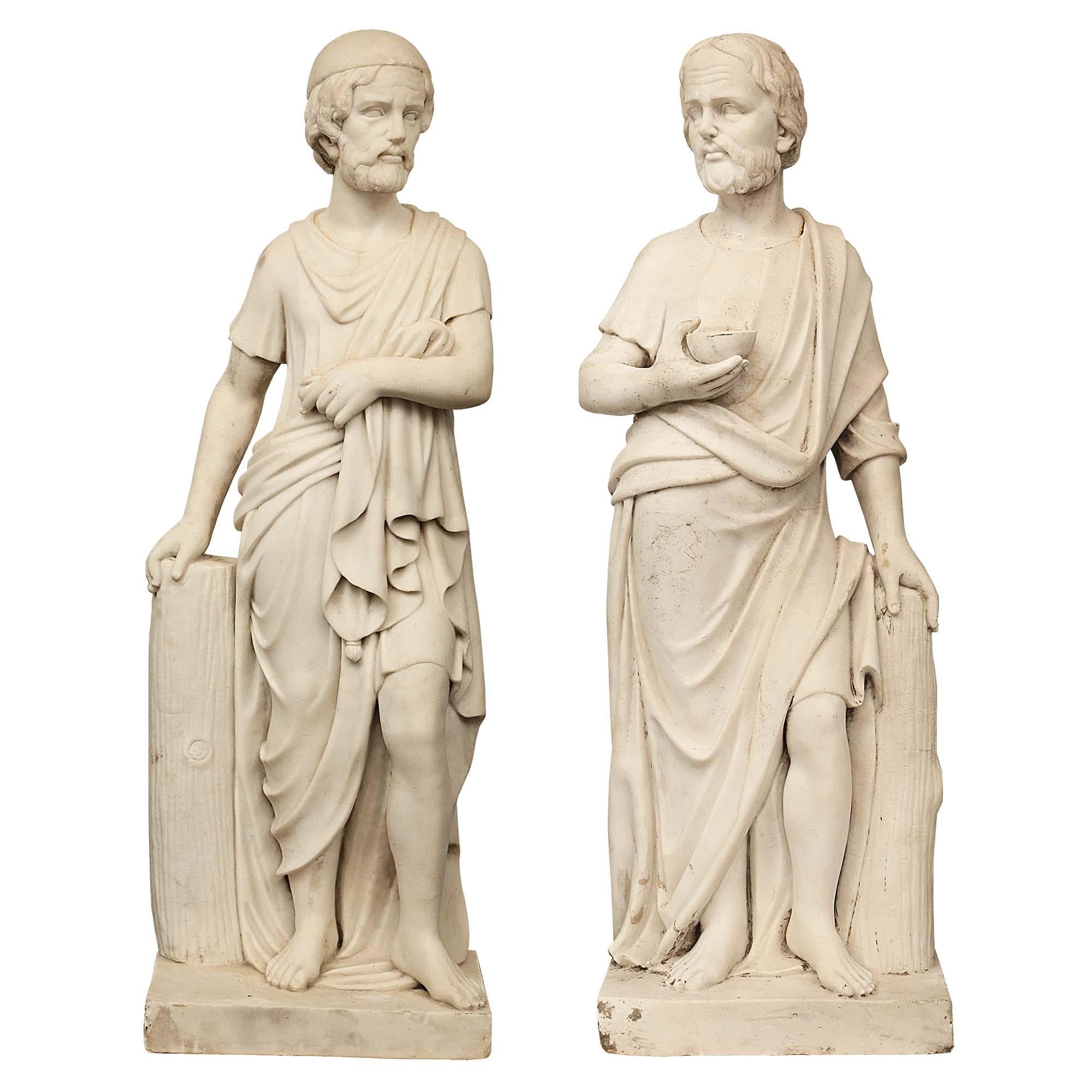 Pair of Italian Early 19th Century White Carrara Marble Statues