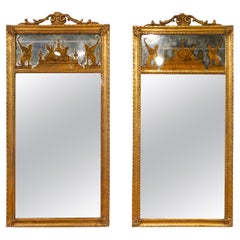Pair of Italian Early 20th C. Crested Eglomise and Carved Gilt Wood Wall Mirrors