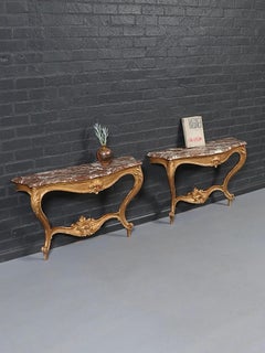 Pair of Italian Early 20th Century Carved Giltwood & Marble Console Tables