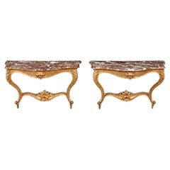 Pair of Italian Early 20th Century Carved Giltwood & Marble Console Tables