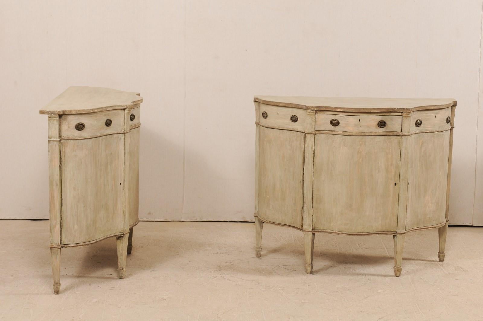 Carved Pair of Italian Early 20th Century Painted Wood Demilune Console Chests
