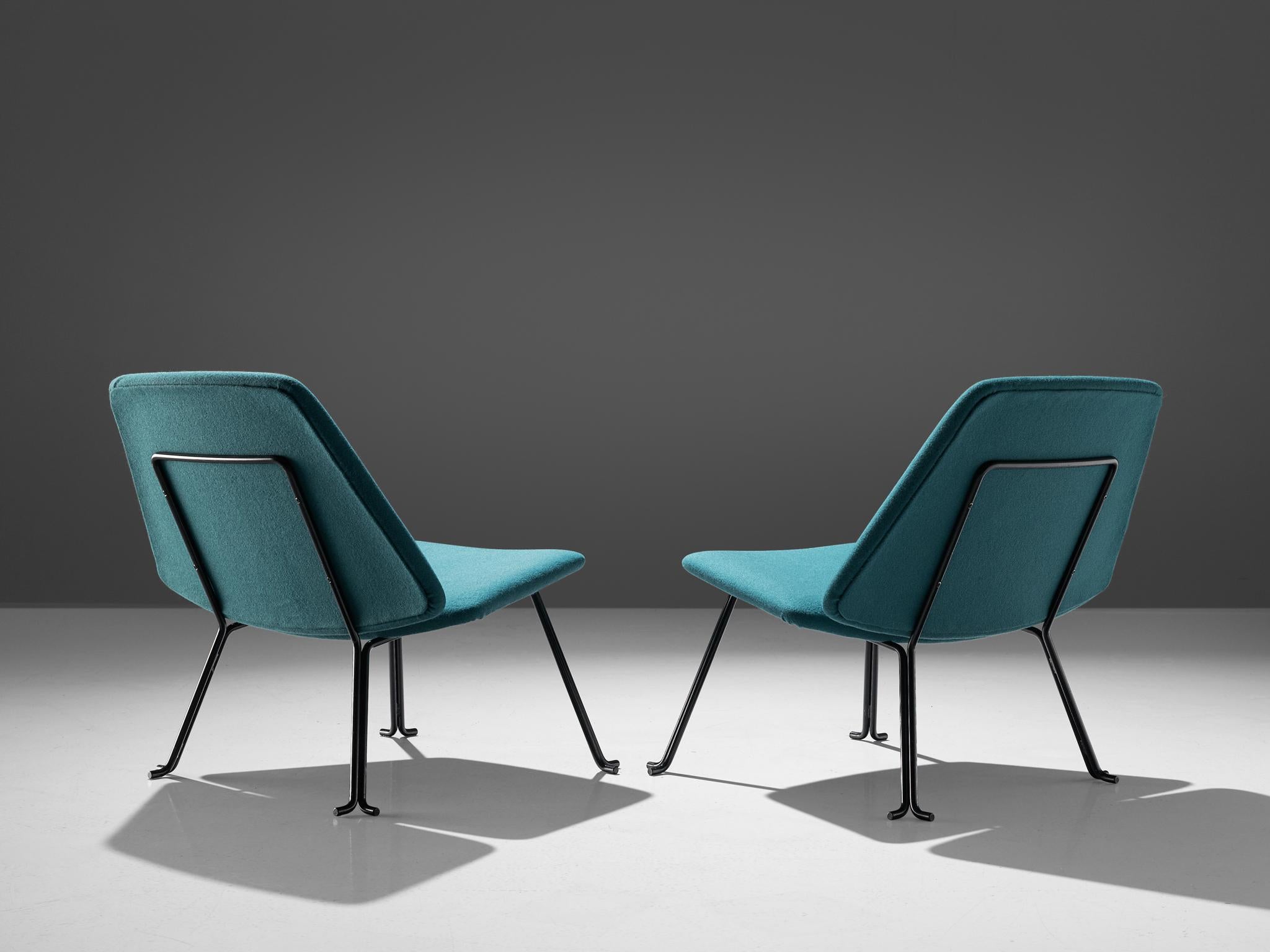 Pair of easy chairs, turquois fabric and black metal, Italy, circa 1950

The black coated solid iron frame combines the separated seat and back together and then get's connected with all the legs as well. It features a bright green fabric