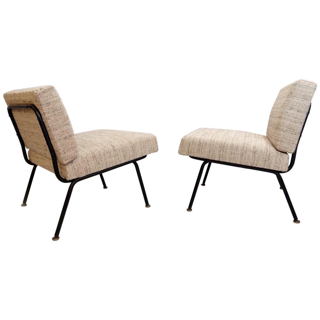 Pair of Italian Easy Chairs with a Black Tubular Steel Frame, New Upholstery For Sale
