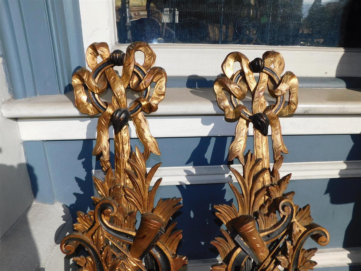 Pair of Italian Ebonized Lyre & Ribbon Gilt Wood Three Arm Wall Sconces, C. 1840 In Excellent Condition For Sale In Hollywood, SC