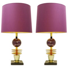 Pair of Italian Eggplant Glass Table Lamps