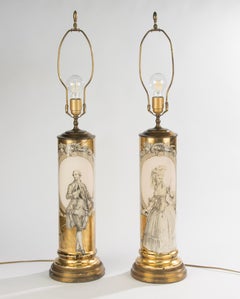 Pair of Italian Églomisé Glass Lamps  - Brass Bases - 1970's  - Large