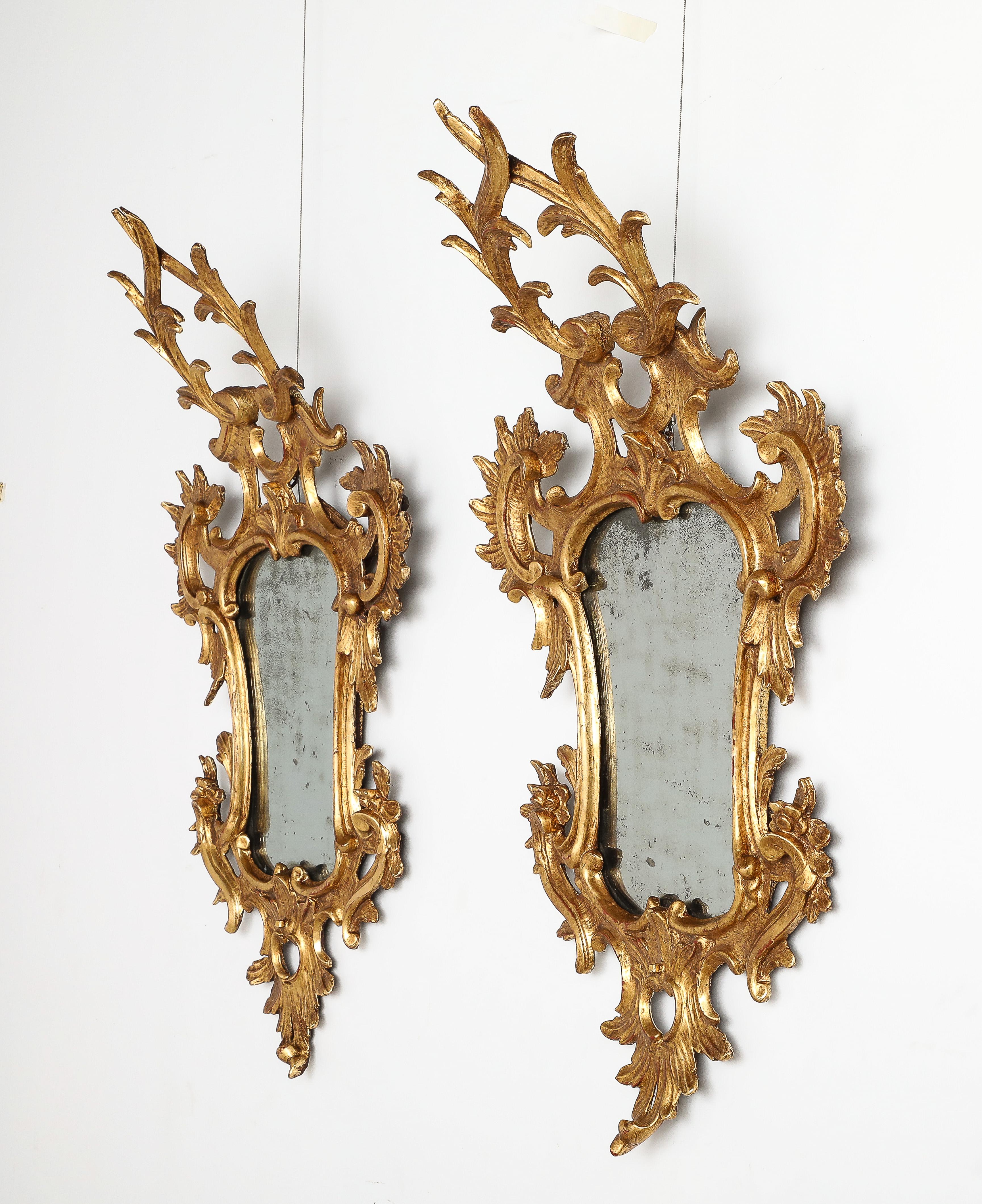 Hand-Carved Pair of Italian Eighteenth Century Rococo Carved and Gilded Wood Mirrors For Sale