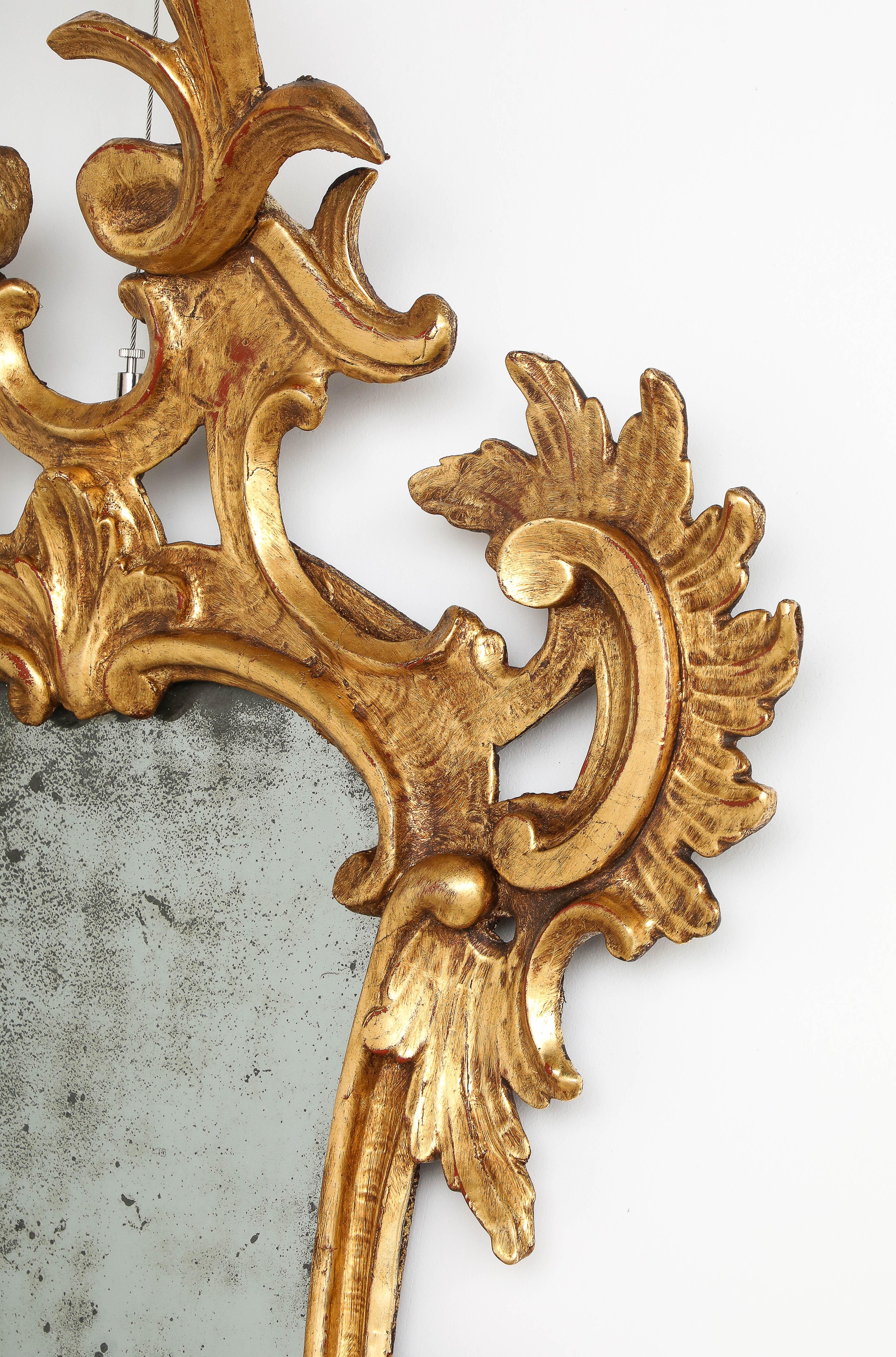 Pair of Italian Eighteenth Century Rococo Carved and Gilded Wood Mirrors For Sale 1
