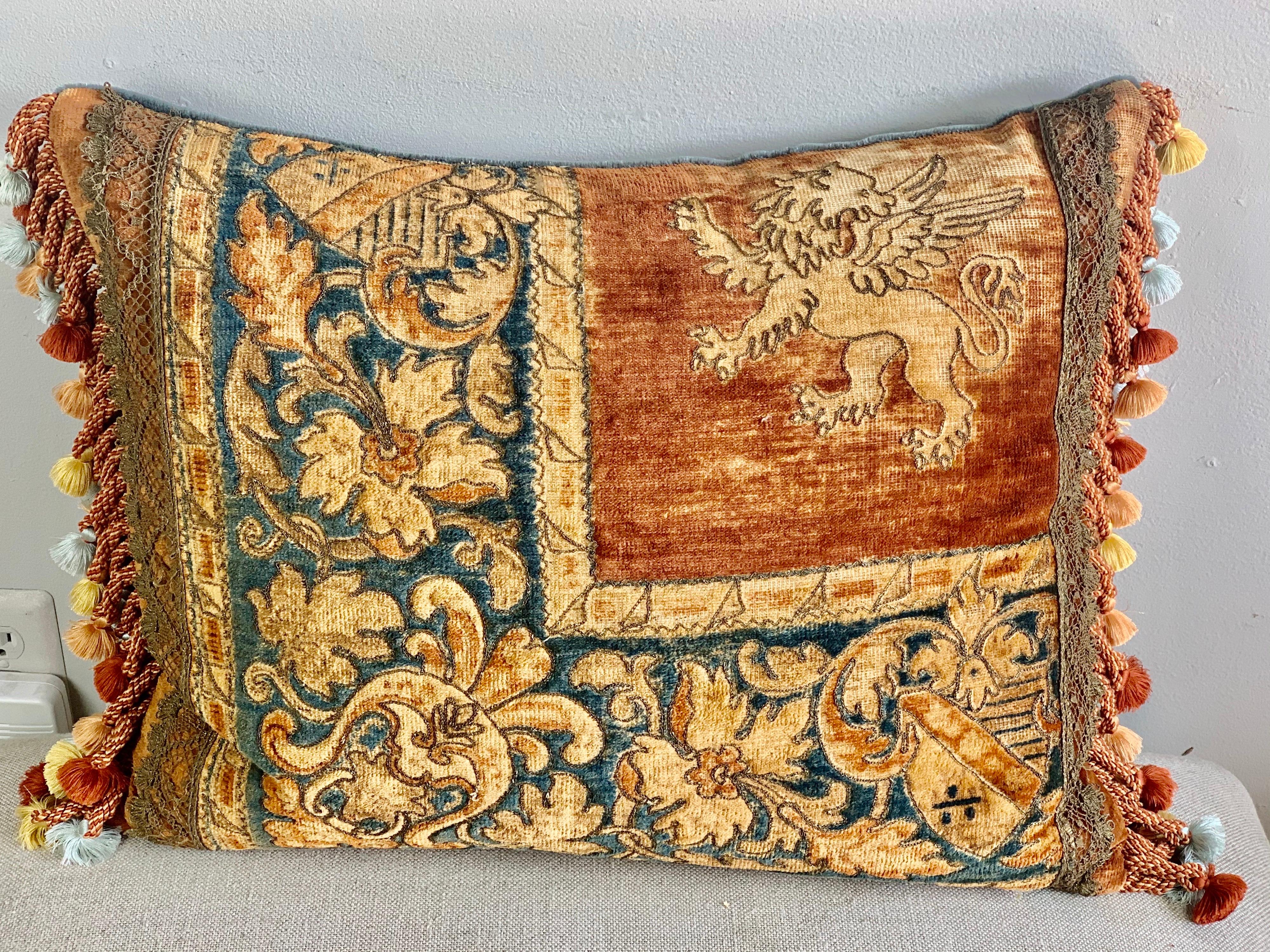 Baroque Pair of Italian Embroidered Mohair Pillows with Lions by Melissa Levinson