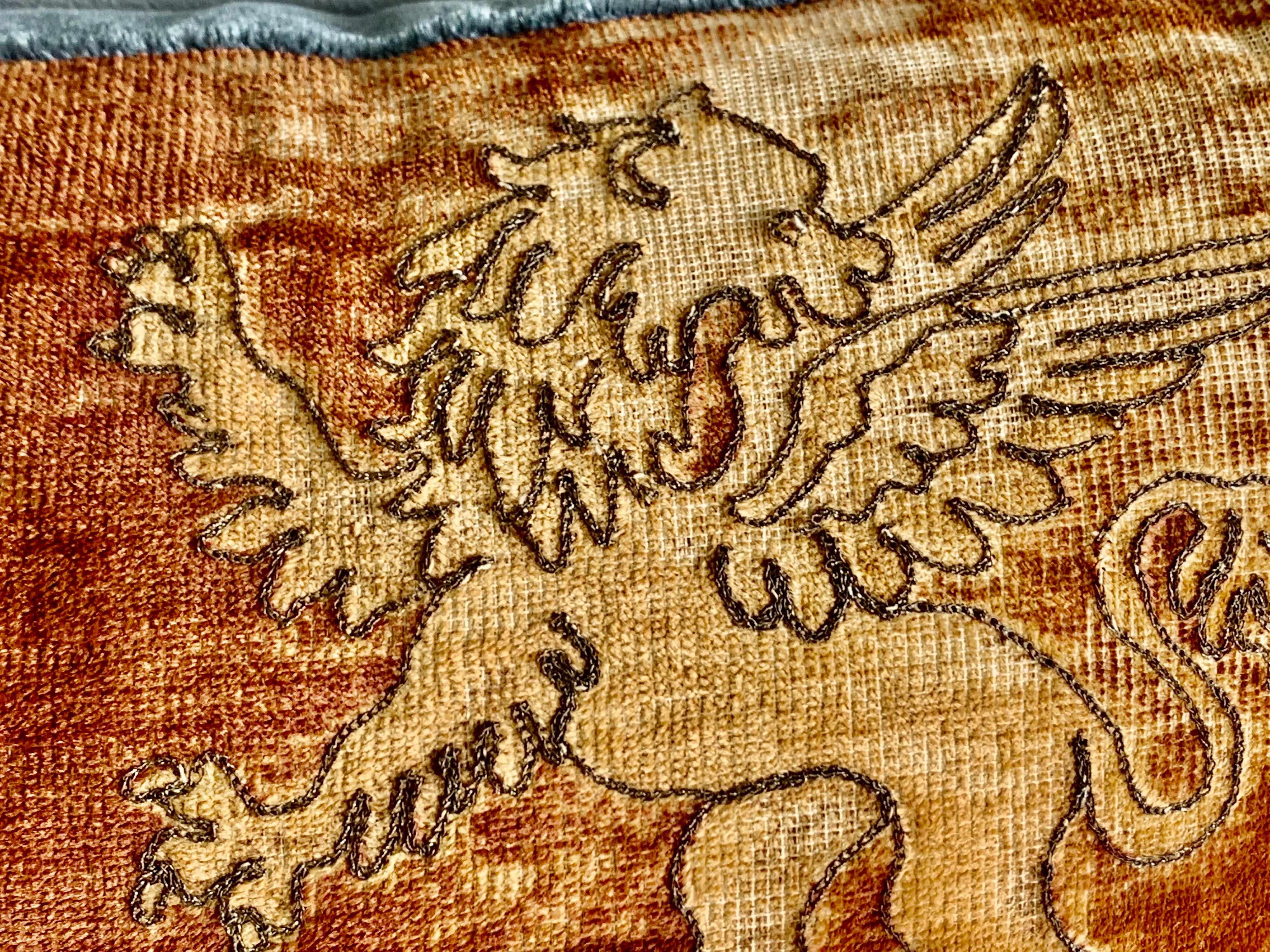 Pair of Italian Embroidered Mohair Pillows with Lions by Melissa Levinson 1