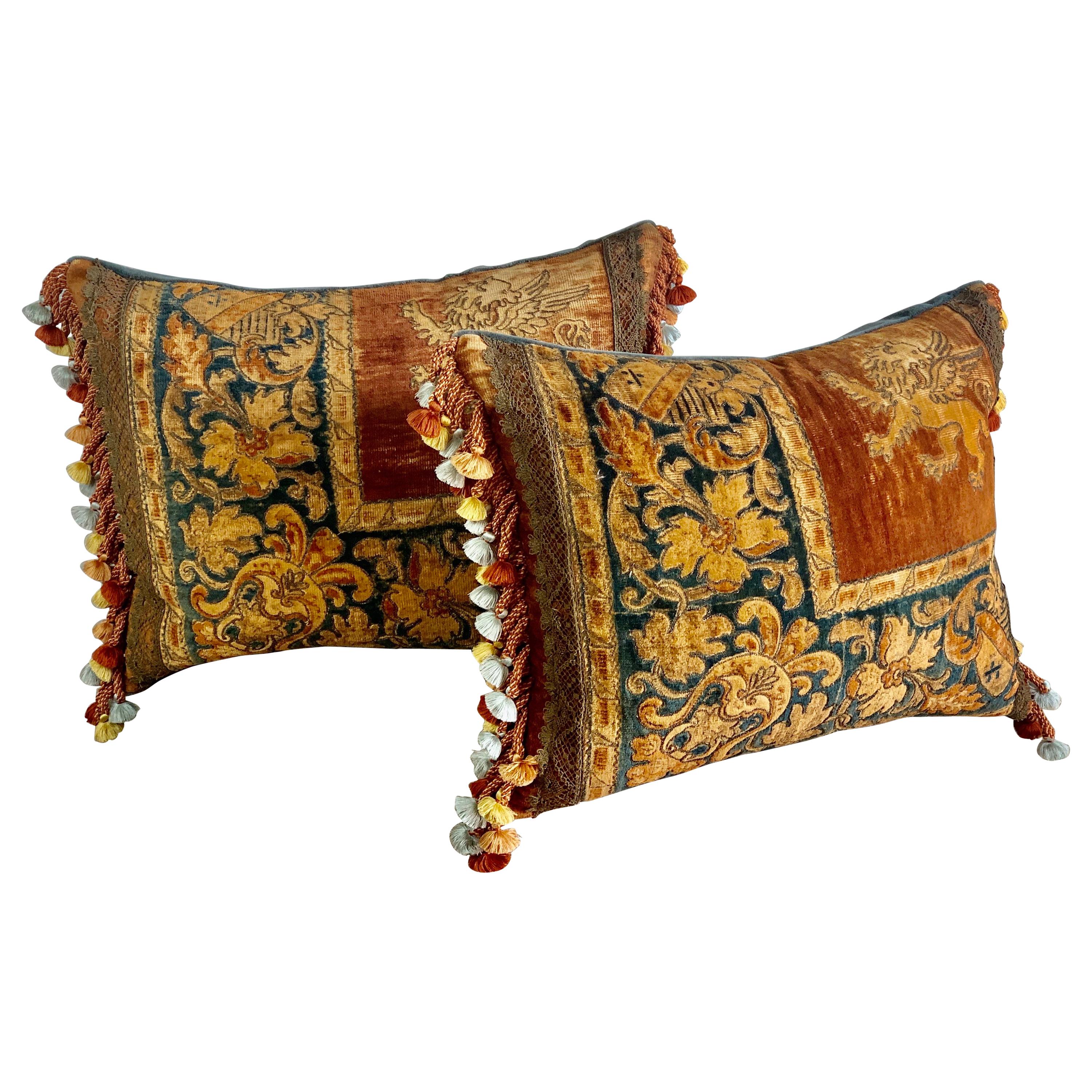 Pair of Italian Embroidered Mohair Pillows with Lions by Melissa Levinson