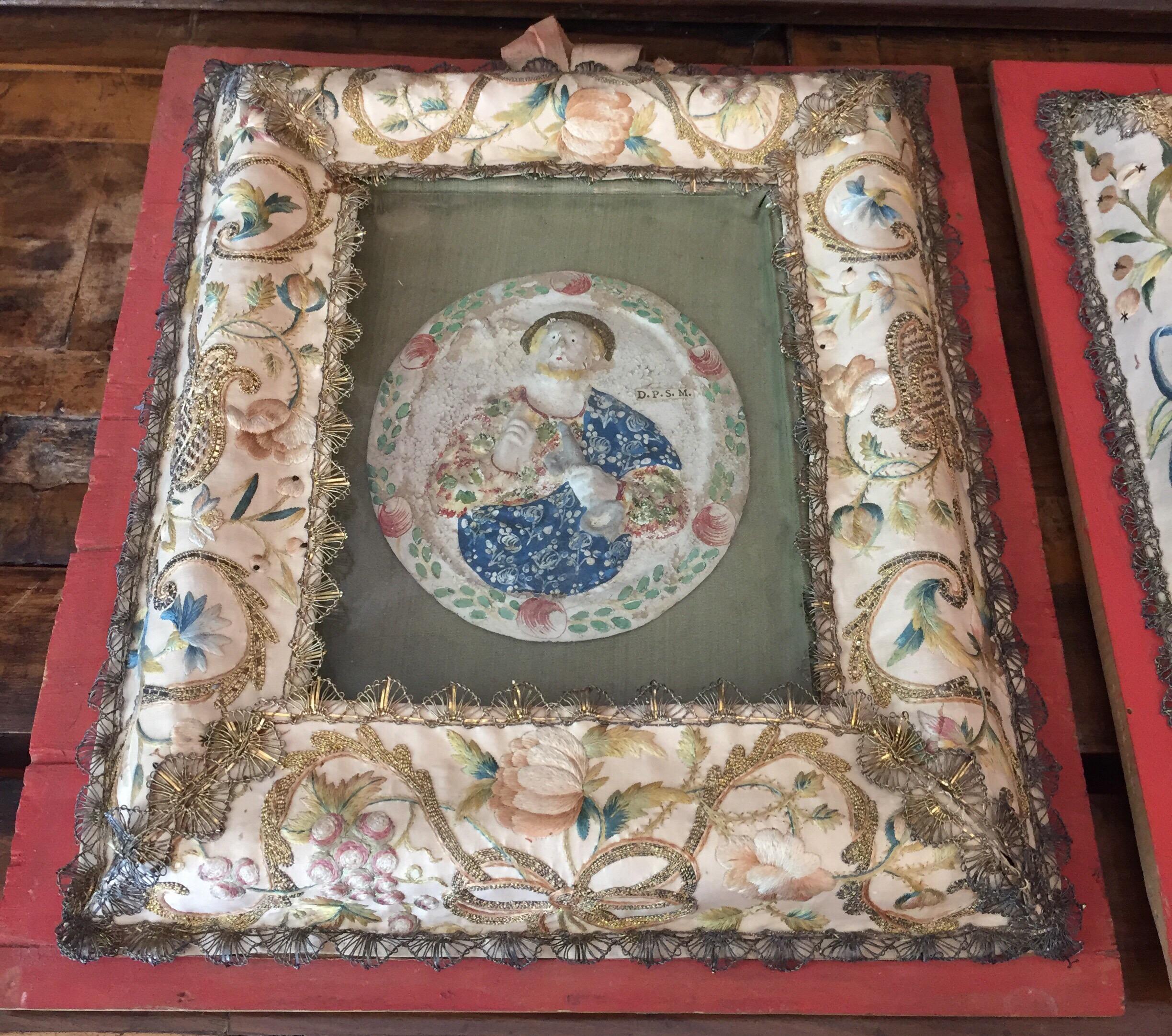 Set of Two 18th Century Italian Silk Frames with Embroidery and Saints Figures For Sale 8