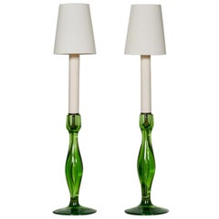 Pair of Italian Emerald Glass Candlestick Lamps