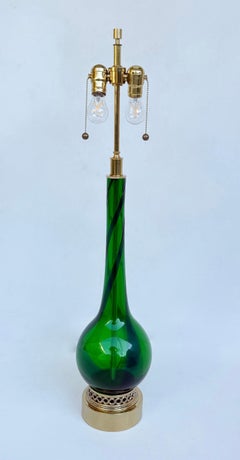 Pair of Italian Emerald Green Murano Glass and Brass Table Lamps