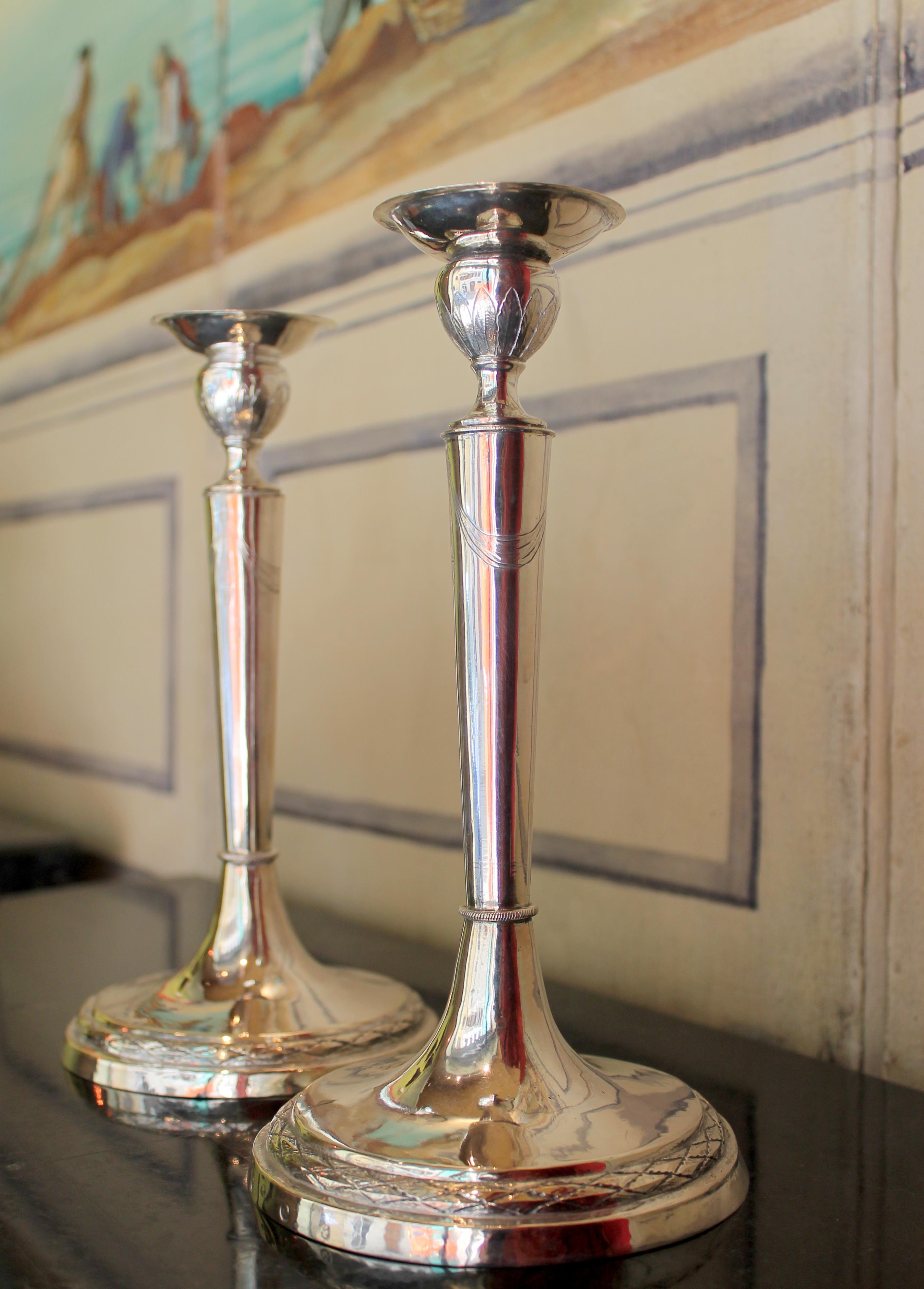 Pair of Italian Empire Early 19th Century Silver Candlesticks, Rome, circa 1811 For Sale 9