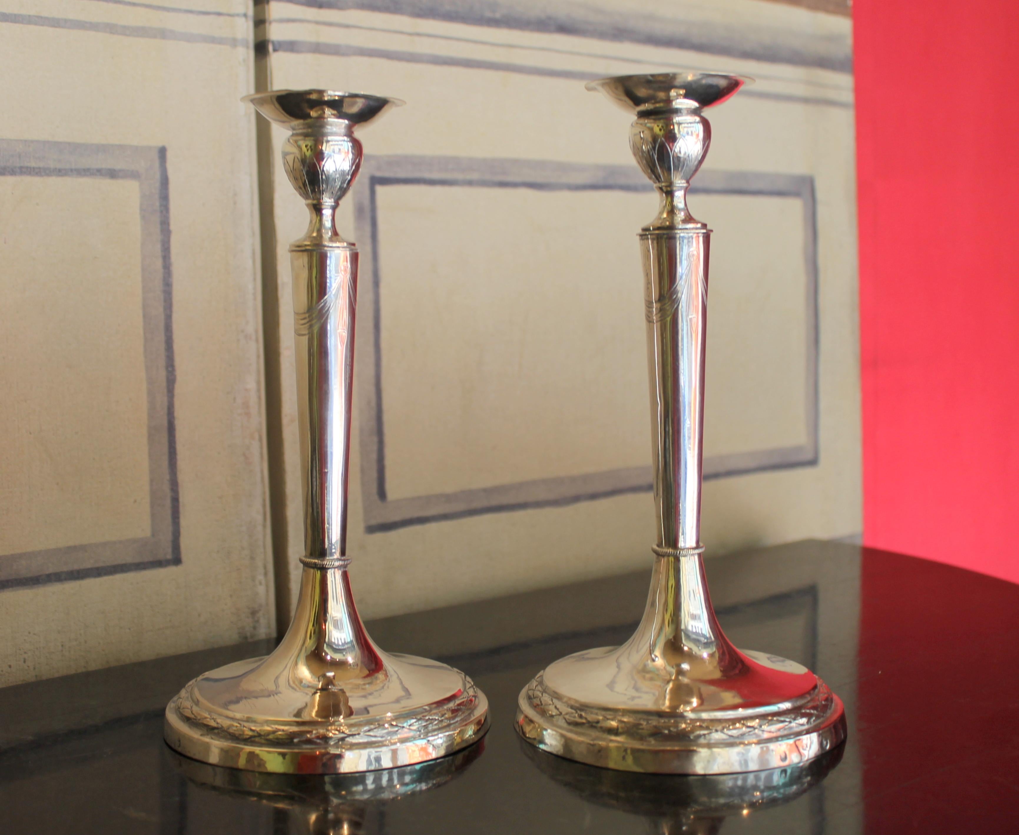 Hand-Crafted Pair of Italian Empire Early 19th Century Silver Candlesticks, Rome, circa 1811 For Sale