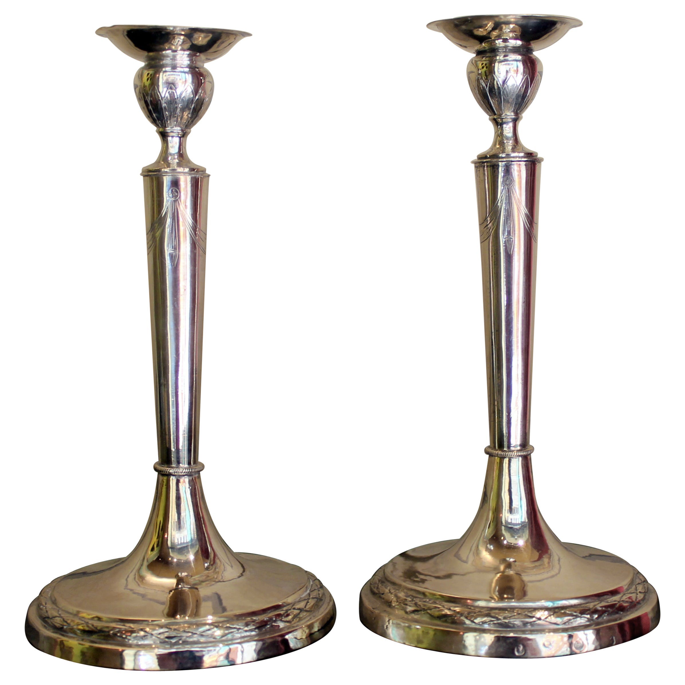 Pair of Italian Empire Early 19th Century Silver Candlesticks, Rome, circa 1811