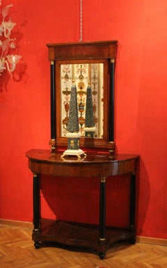 Pair of Italian Empire Period Walnut Demilune Console Table with Mirror