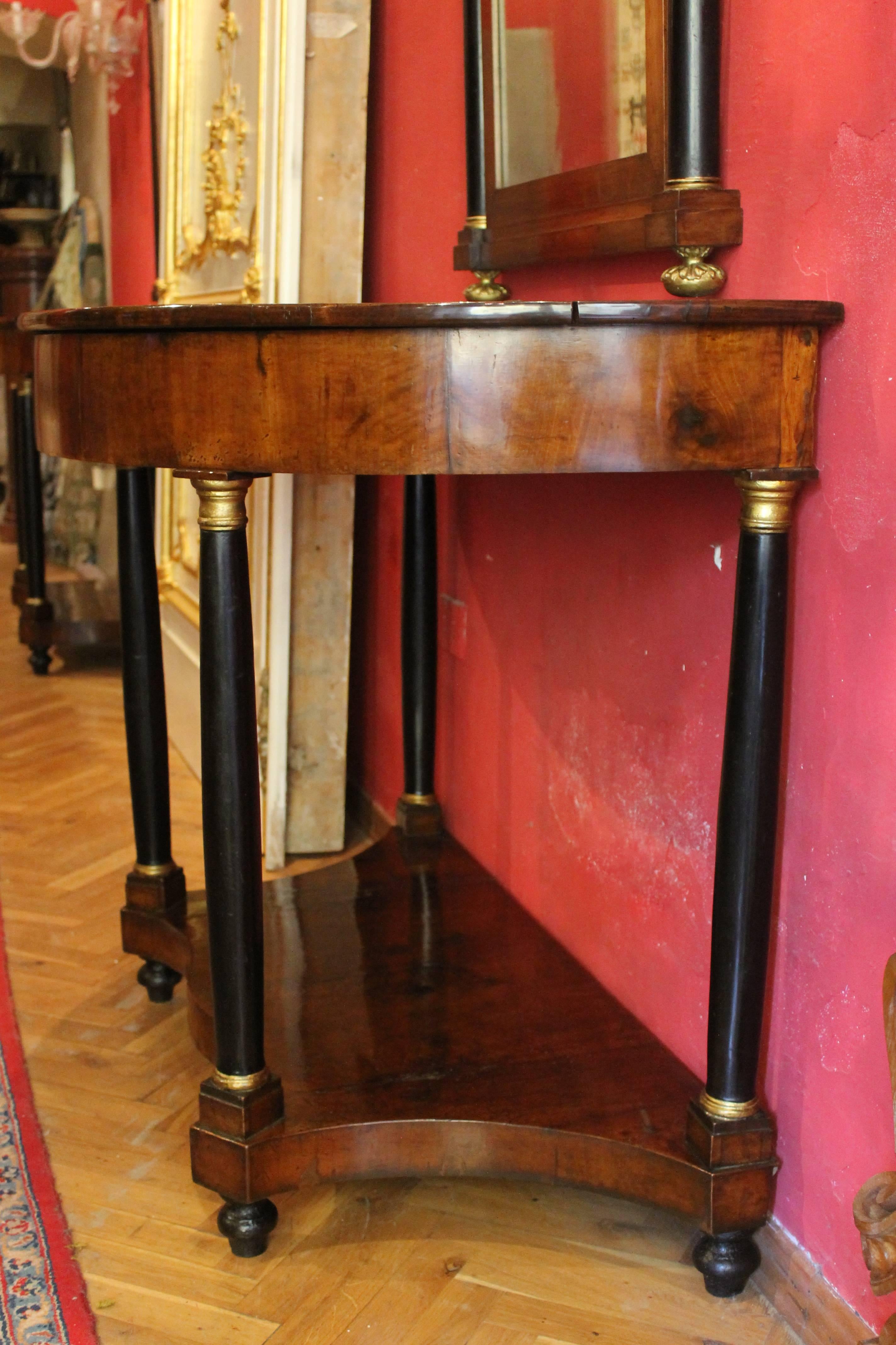 Pair of Italian Empire Period Walnut Demilune Console Table with Mirror For Sale 2