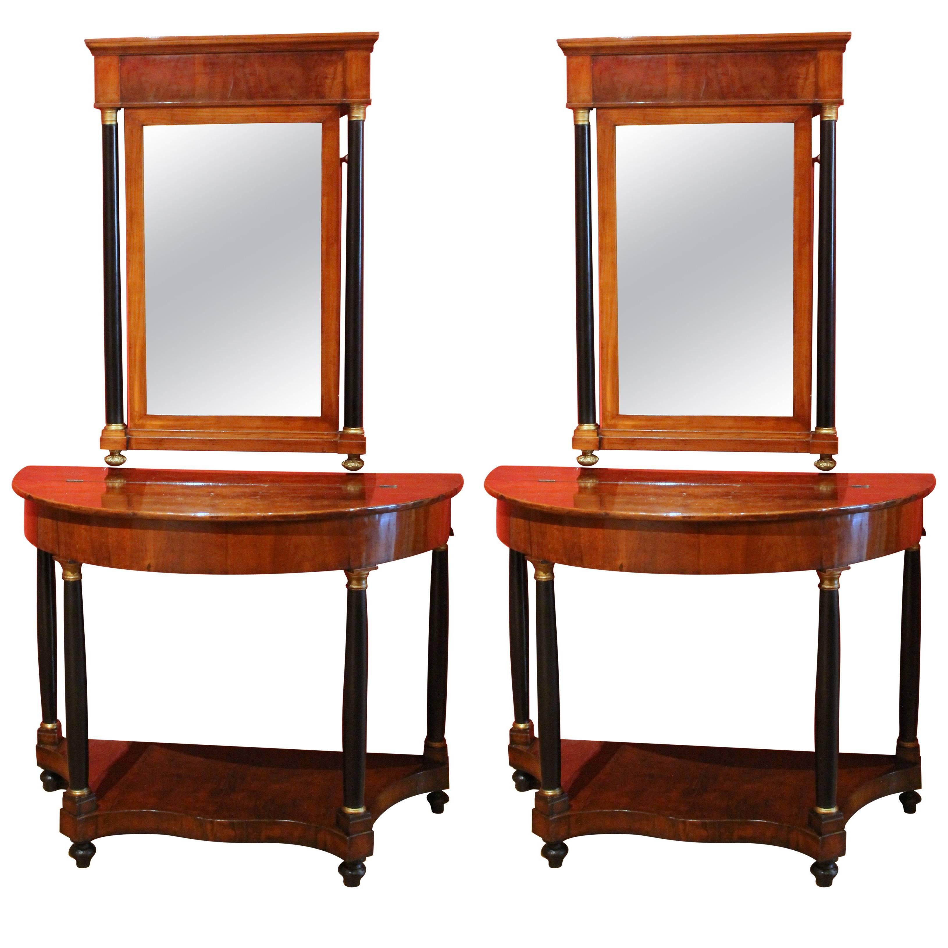 Pair of Italian Empire Period Walnut Demilune Console Table with Mirror For Sale
