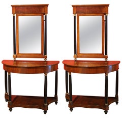 Pair of Italian Empire Period Walnut Demilune Console Table with Mirror