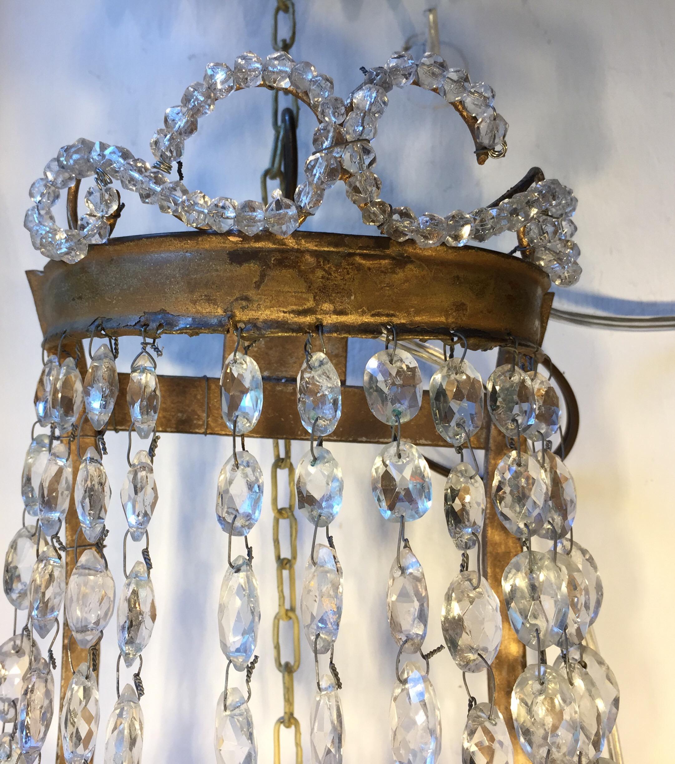 Pair of Italian Empire Sconces Gilt Iron Crystal Basket Wall Lights 19th Century 12