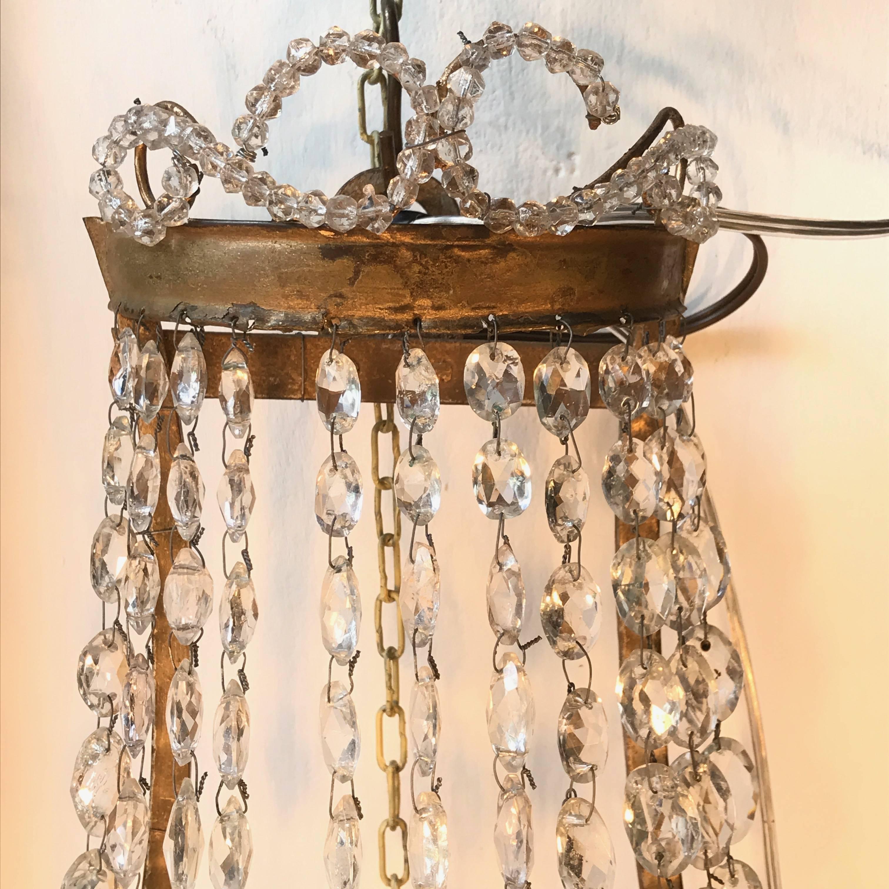 Pair of Italian Empire Sconces Gilt Iron Crystal Basket Wall Lights 19th Century In Good Condition In Milan, IT
