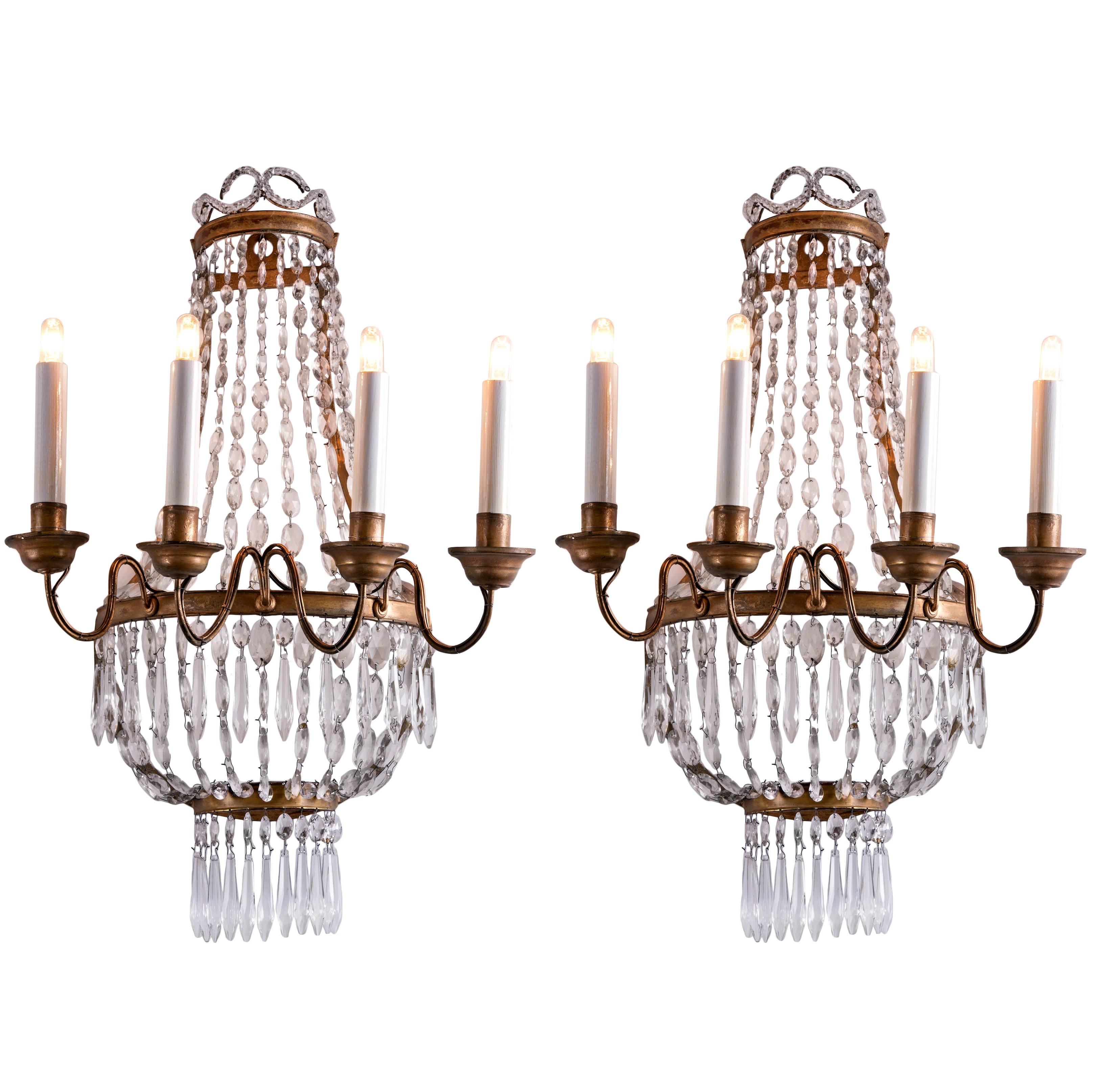 Pair of Italian Empire Sconces Gilt Iron Crystal Basket Wall Lights 19th Century