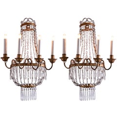 Pair of Italian Empire Sconces Gilt Iron Crystal Basket Wall Lights 19th Century