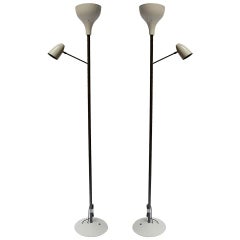 Pair of Italian Enameled Aluminum and Gilded Brass Floor Lamps, Italy, 1950