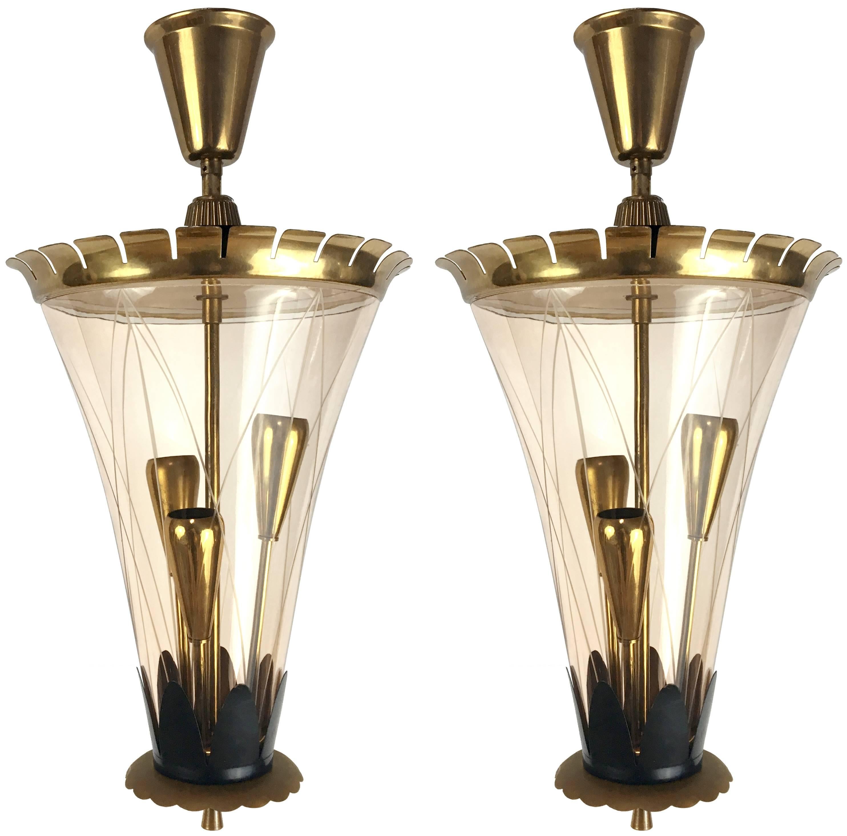 Pair of Italian Etched Glass and Brass Pendants For Sale