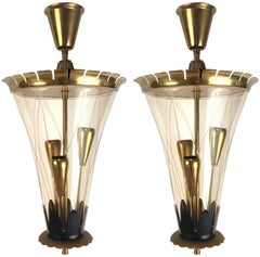 Pair of Italian Etched Glass and Brass Pendants