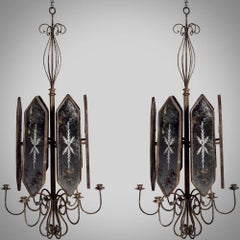Pair of Italian Etched Mirror Panel Hanging Candlestick Chandeliers