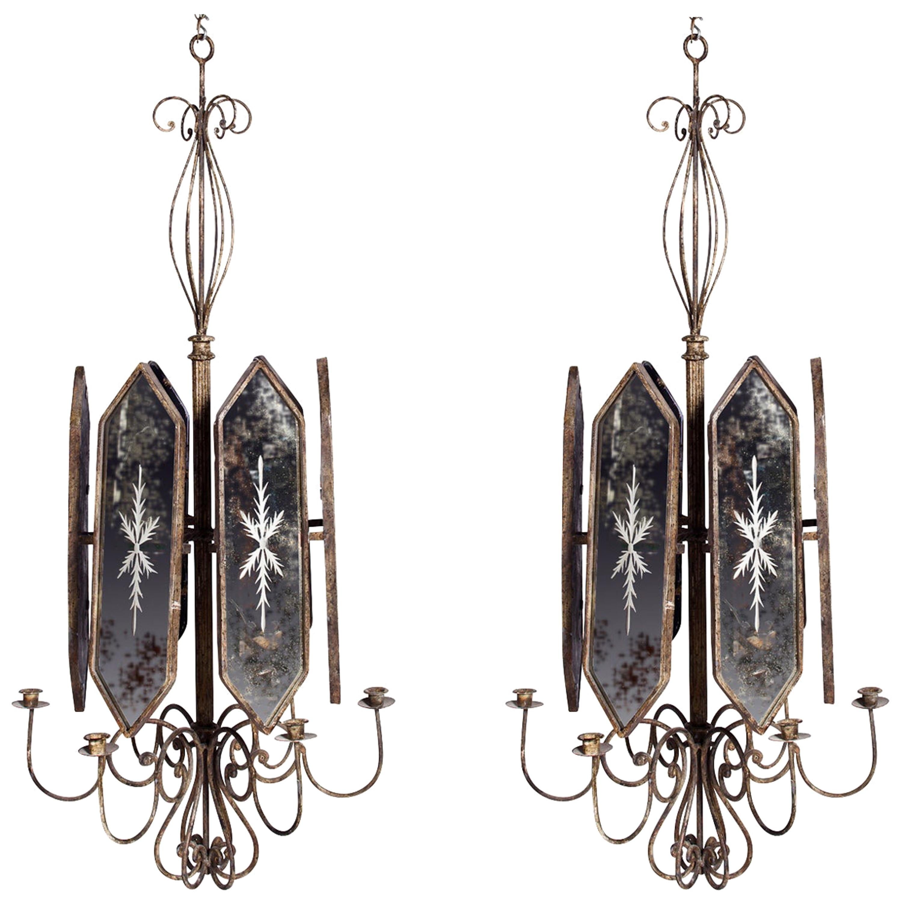 Pair of Italian Etched Mirror Panel Hanging Candlestick Chandeliers