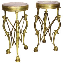 Pair of Italian Etruscan, Pompeiian Style Bronze and Marble Gueridon Side-Tables