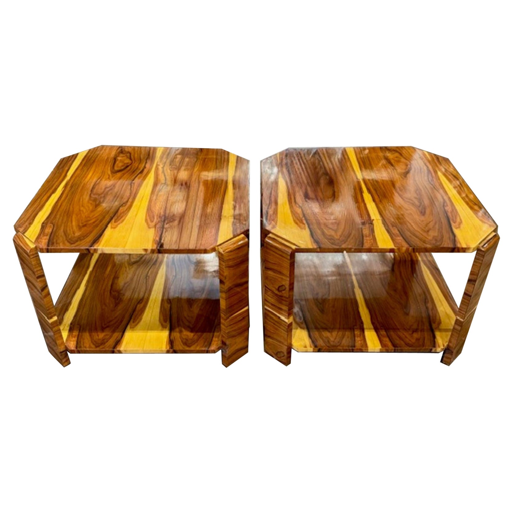 Pair of Italian Exotic Wood Art Deco Style Tables For Sale