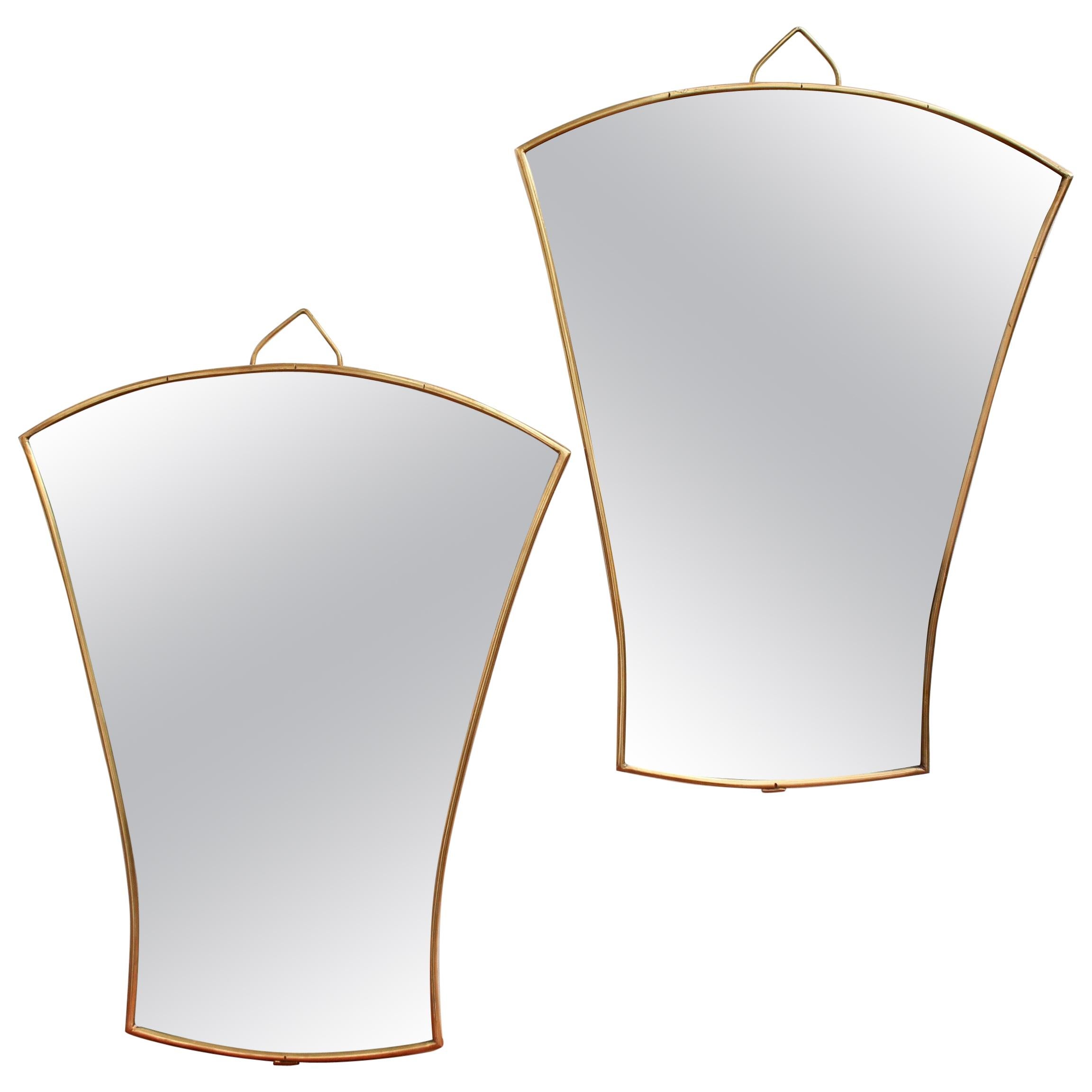 Pair of Italian Fan-Shaped Wall Mirrors with Brass Frames, Small 'circa 1950s'