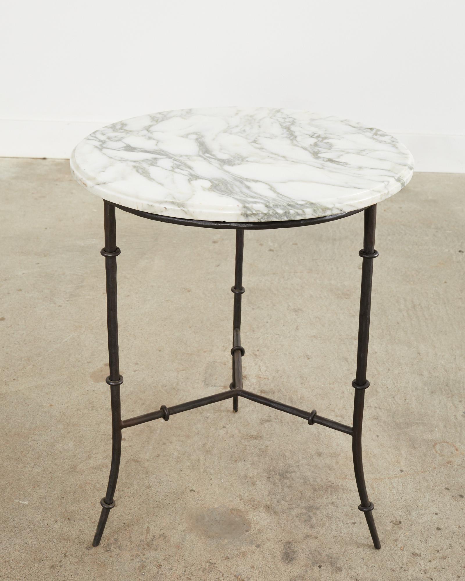 Patinated Pair of Italian Faux Bamboo Iron and Marble Drink Tables